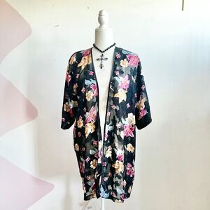 Vintage‎ Black Floral Sheer Kimono Duster Festival Whimsigoth Boho Large